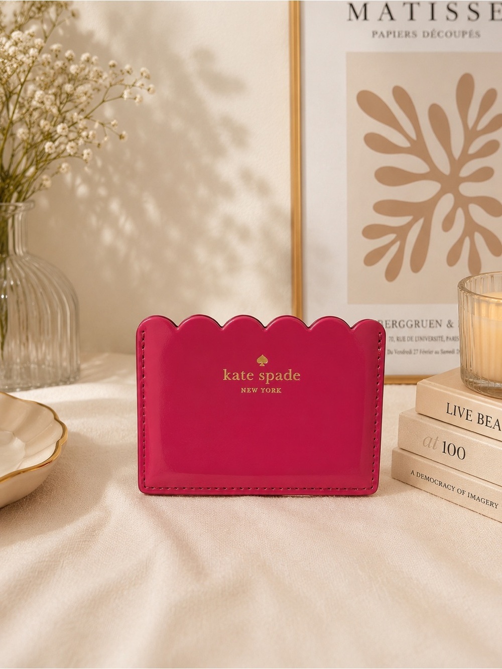kate spade Patent Scallop-Edge Card Holder in Hot Pink